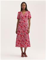 Finery London Floral V-Neck Button Through Midi Tea Dress Red Mix