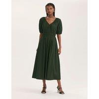 Finery London Pure Cotton V-Neck Midi Waisted Dress Dark Khaki
