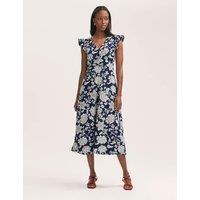 Finery London Printed V-Neck Ruffle Midi Tea Dress Navy Mix