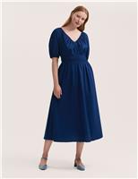 Finery London Pure Cotton V-Neck Midi Waisted Dress Red