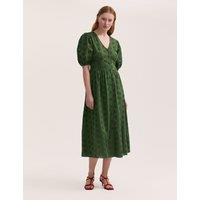 Pure Cotton Broderie V-Neck Midi Dress
