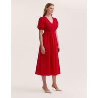 Finery London Pure Cotton V-Neck Midi Shirred Dress Red