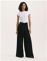 Linen Blend Belted Wide Leg Trousers