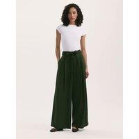 Finery London Linen Blend Belted Wide Leg Trousers Dark Khaki