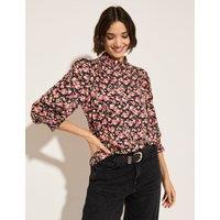 Floral Frill Neck Blouson Sleeve Blouse