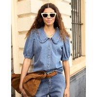 Denim Collared Puff Sleeve Blouse