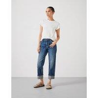 HUSH Agnes Straight Leg Mid Rise Cropped Turn Up Jeans Blue Denim