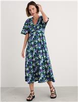 Pure Cotton Floral V-Neck Maxi Waisted Dress