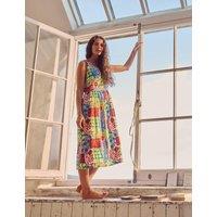 Pure Linen Floral V-Neck Midi Waisted Dress