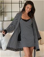 Cotton Rich Lace Trim Striped Dressing Gown