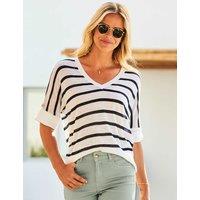 SOSANDAR Linen Blend Striped V-Neck Relaxed T-Shirt White Mix