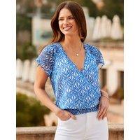 SOSANDAR Printed Metallic V-Neck Shirred Wrap Top Blue