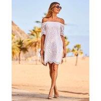 SOSANDAR Pure Cotton Broderie Bardot Mini Shift Dress White