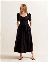 Pure Cotton Puff Sleeve Midi Skater Dress