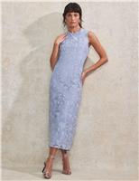 RO&ZO Lace Textured High Neck Midaxi Column Dress Mid Blue