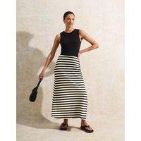 Cotton Blend Striped Midi A-Line Skirt