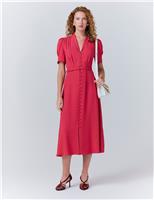 V-Neck Belted Button Through Midi Tea Dress