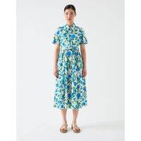 Pure Cotton Floral Belted Midi Shirt Dress