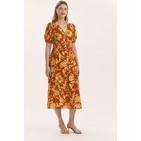 Finery London Floral V-Neck Midi Waisted Dress Brown Mix