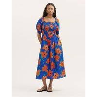 Finery London Floral Square Neck Midi Shirred Dress Blue Mix