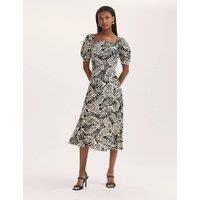 Finery London Leaf Print Square Neck Midi Tea Dress Black Mix
