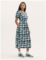Finery London Tie Dye V-Neck Midi Waisted Dress Blue Mix