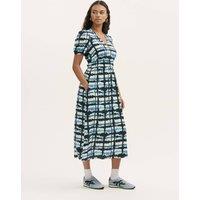 Finery London Tie Dye V-Neck Midi Waisted Dress Blue Mix