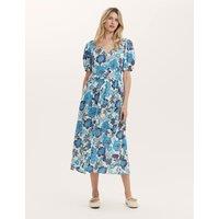 Finery London Floral V-Neck Midi Tea Dress With Linen Blue Mix