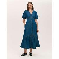 Finery London Denim Button Through Midi Tiered Dress Mid Blue