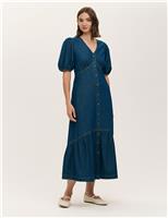 Finery London Denim Button Through Midi Tiered Dress Blue