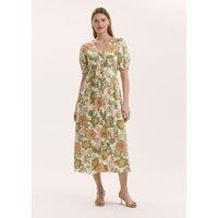 Finery London Floral V-Neck Midi Tea Dress With Linen Green Mix