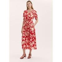Finery London Floral V-Neck Puff Sleeve Midi Waisted Dress Red Mix