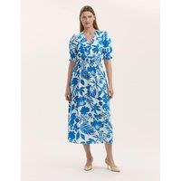 Finery London Floral V-Neck Puff Sleeve Midi Waisted Dress Blue Mix