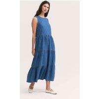 Finery London Pure Cotton Denim Midi Tiered Dress Mid Blue