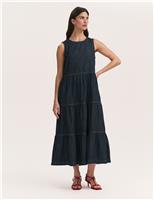 Pure Cotton Denim Midi Tiered Dress