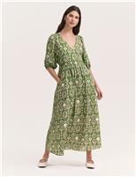 Printed V-Neck Midaxi Smock Dress with Linen