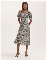 Leaf Print Square Neck Midi Tea Dress