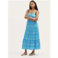 Finery London Pure Cotton Leaf Print V-Neck Midi Dress Blue Mix