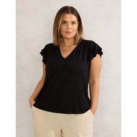 Live Unlimited London Jersey V-Neck Flutter Sleeve Top Black