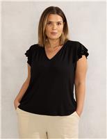 Live Unlimited London Jersey V-Neck Flutter Sleeve Top Black