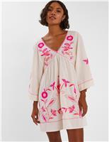 Cotton Rich Embroidered Mini Beach Dress