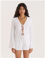 4th & Reckless Tie Front Beach Shirt with Linen White