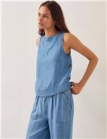 Monsoon Pure Lyocell Slash Neck Button Detail Top Blue Denim