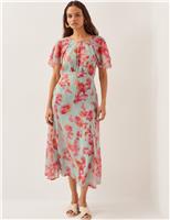 Monsoon Floral Round Neck Midi Waisted Dress Green Mix