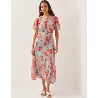Monsoon Floral Round Neck Midi Waisted Dress Green Mix
