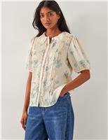 Monsoon Floral Pleated Lace Insert Puff Sleeve Shirt Ivory Mix