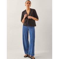 Broderie Tie Neck Blouse with Linen