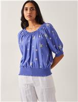 Monsoon Embroidered Puff Sleeve Top Blue Mix