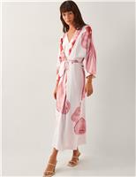 Monsoon Printed V-Neck Midaxi Waisted Kimono Dress Ivory Mix