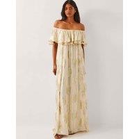 Floral Metallic Bardot Frill Maxi Dress